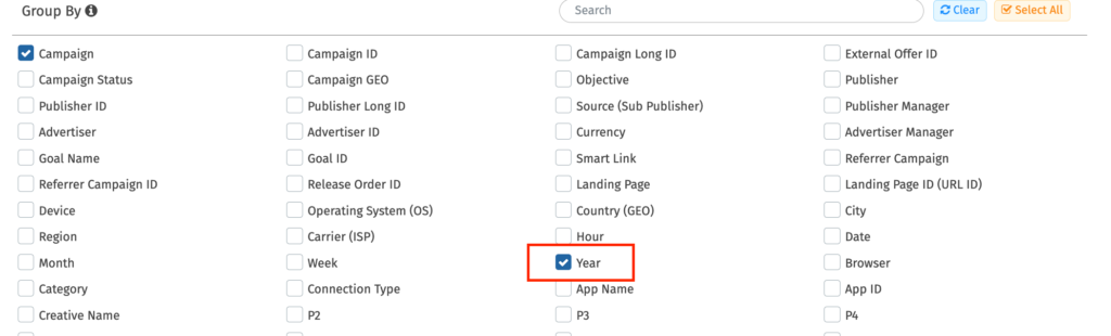 Find a new filter option to add show campaign reports by year.