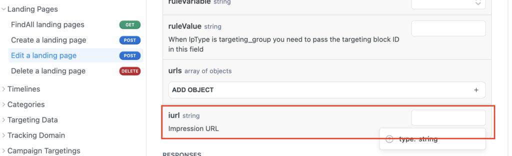 New feature to add impression URL in landing page via API